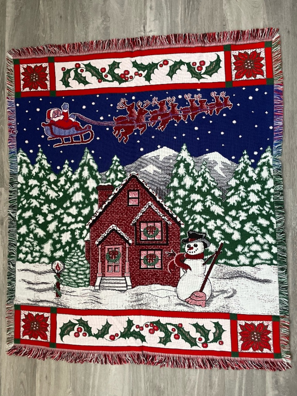 Vintage Christmas Woven Tapestry Throw Blanket Reindeer Santa Snowman Cabin